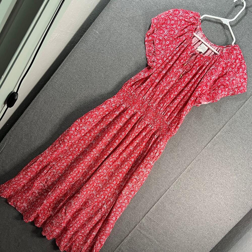 Destination 365 Short-Sleeve Midi Dress with Smo Red Abstract Small